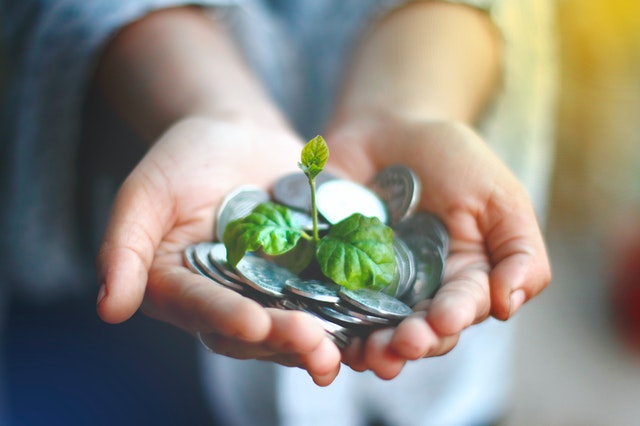 woman holding coins and plant